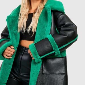 Boohoo Black Faux Leather Coat with Bright Green Faux Shearling Trim